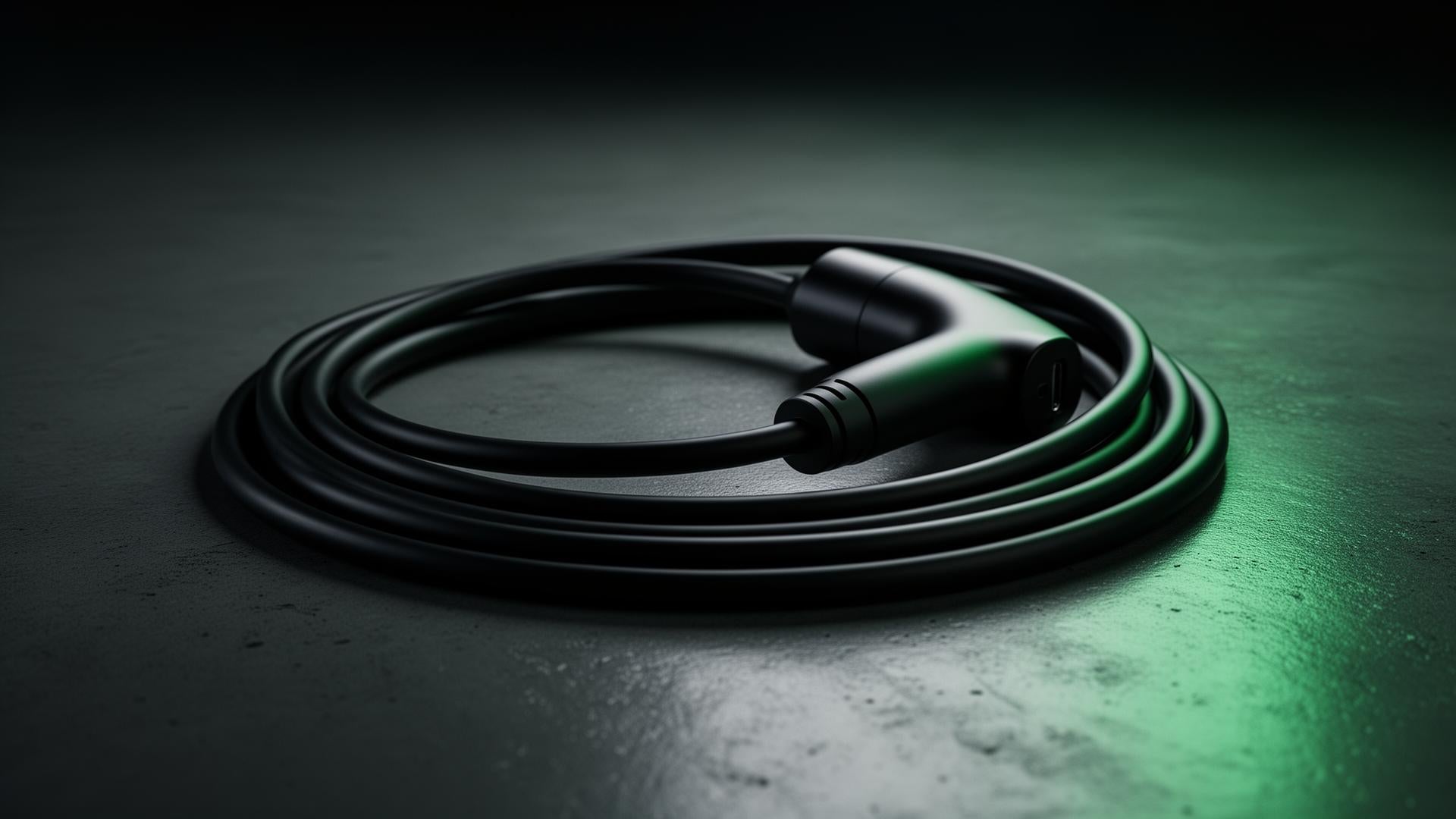 Premium matte black EV charging cable coiled on concrete with electric green glow